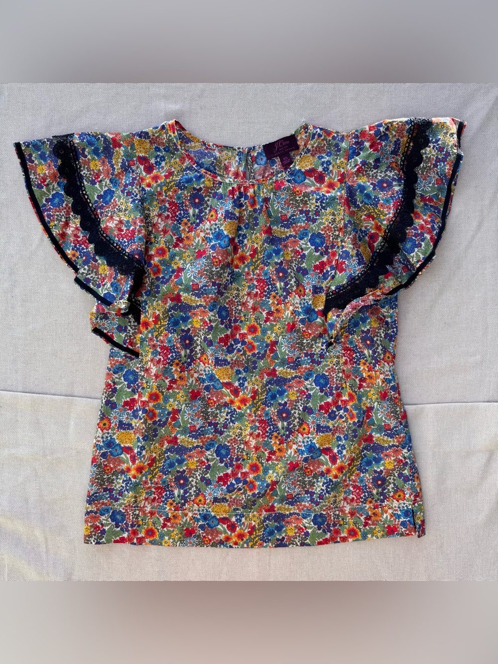 J. Crew Multicolor Floral Ruffle Sleeve Top Black Lace Trim Button Back Rainbow